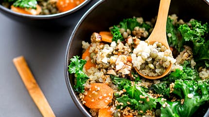 Bowl de lentilles, quinoa, chou kale, carottes