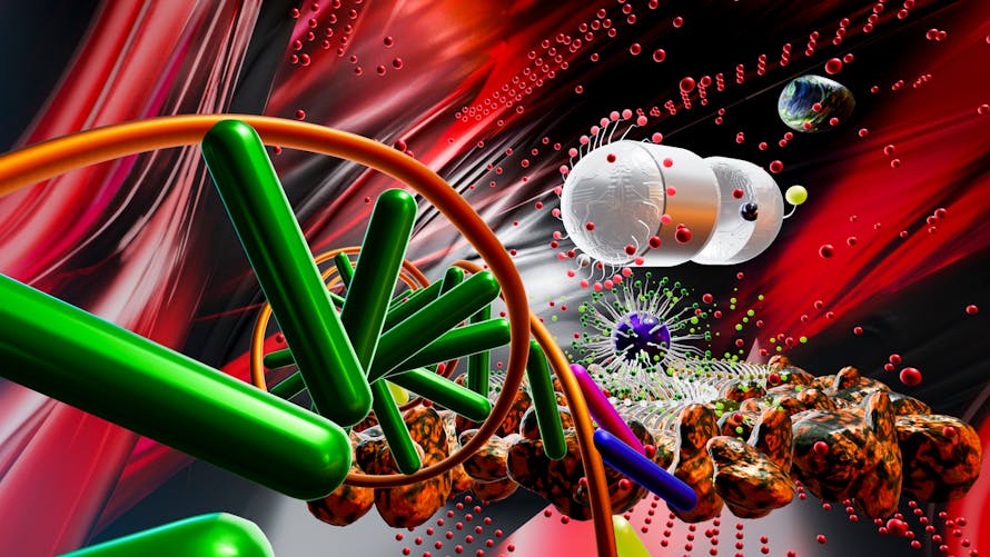 illustration d'un gène dans une gélule de médicament qui se dirige vers l'ADN
