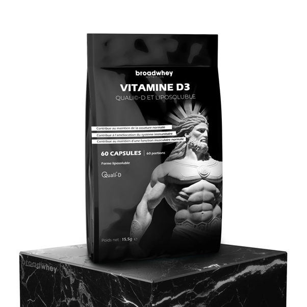 Emballage de capsules de vitamine D3 avec illustration d'une statue classique musclée.