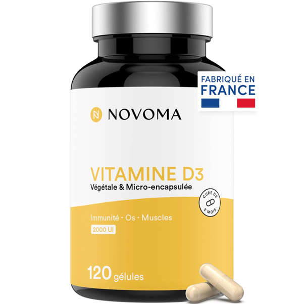 Flacon de vitamine D3 Novoma, fabriqué en France, pour immunité, os et muscles.