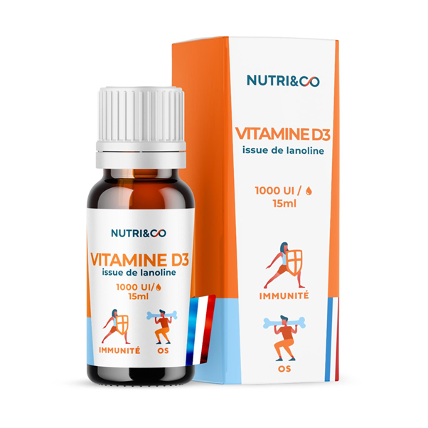 Flacon de vitamine D3 Nutri&Co, 1000 UI, 15 ml, pour l'immunité.