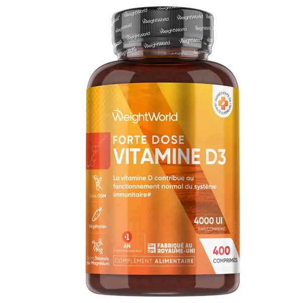 Bouteille de complément alimentaire Forte Dose Vitamine D3 WeightWorld, 4000 UI, système immunitaire.