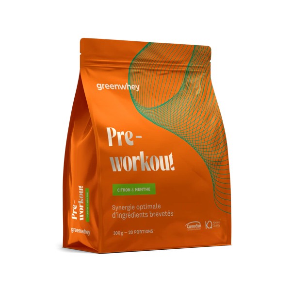 Paquet orange de supplément pré-entraînement Greenwhey, saveur agrumes, pour énergie optimale.