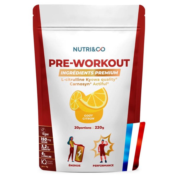 Sachet de pré-entraînement citron, Nutri&Co, 220g, ingrédients premium pour énergie et performance.