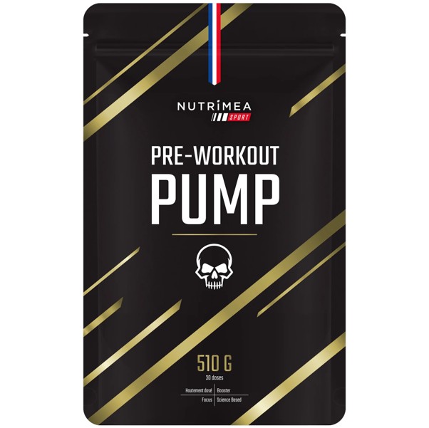 Emballage noir et or de complément pré-entraînement Nutrimea Sport, avec tête de mort.