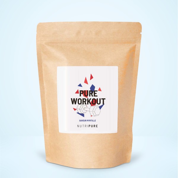 Paquet de complément alimentaire NutriPure Pure Workout au design tricolore.